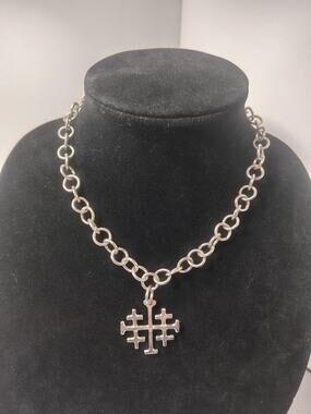 Susan Shaw Jerusalem Cross Necklace Hand Cast Silver Tone 17"-19" USA Made